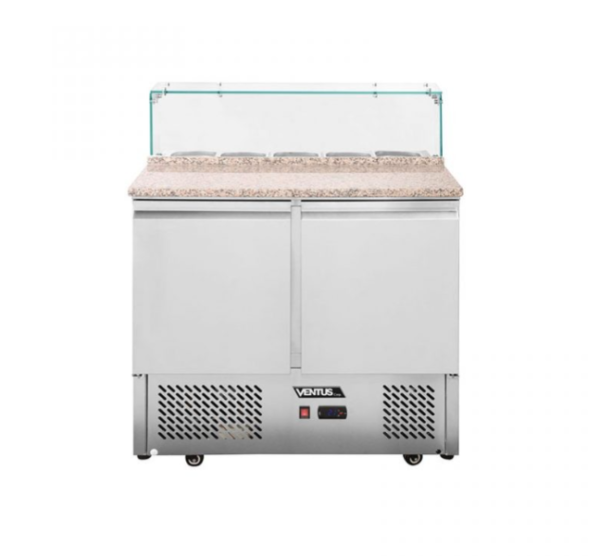 Mesón Saladette 2 Puertas Cubierta Marmol c/Vidrio VMRSL390. VENTUS